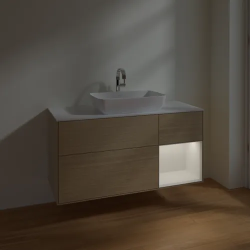 Bild von VILLEROY BOCH Finion Waschbeckenunterschrank, mit Beleuchtung, 3 Auszüge, 1200 x 603 x 501 mm, Oak Veneer / Glossy White Lacquer / Glass White Matt #F831GFPC