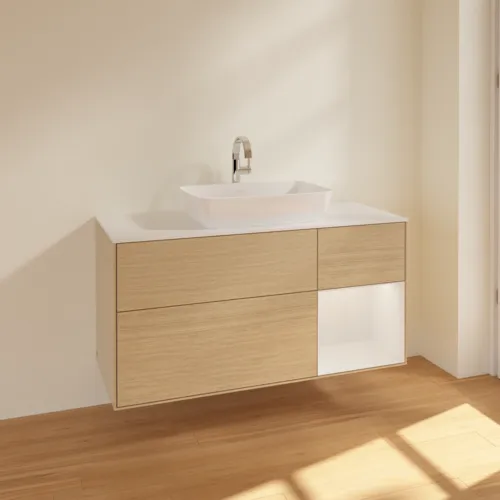 Bild von VILLEROY BOCH Finion Waschbeckenunterschrank, mit Beleuchtung, 3 Auszüge, 1200 x 603 x 501 mm, Oak Veneer / Glossy White Lacquer / Glass White Matt #F831GFPC