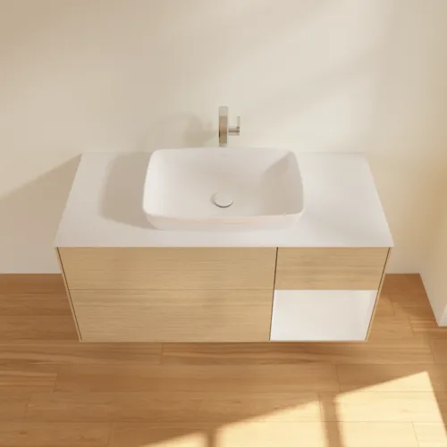 Bild von VILLEROY BOCH Finion Waschbeckenunterschrank, mit Beleuchtung, 3 Auszüge, 1200 x 603 x 501 mm, Oak Veneer / Glossy White Lacquer / Glass White Matt #F831GFPC