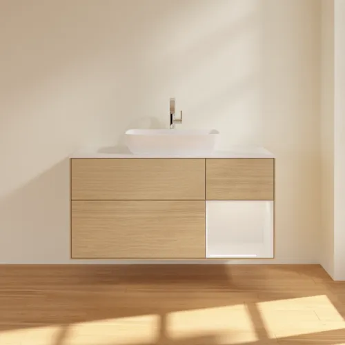 Bild von VILLEROY BOCH Finion Waschbeckenunterschrank, mit Beleuchtung, 3 Auszüge, 1200 x 603 x 501 mm, Oak Veneer / Glossy White Lacquer / Glass White Matt #F831GFPC