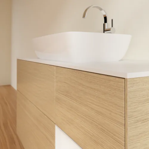 Bild von VILLEROY BOCH Finion Waschbeckenunterschrank, mit Beleuchtung, 3 Auszüge, 1200 x 603 x 501 mm, Oak Veneer / Glossy White Lacquer / Glass White Matt #F831GFPC