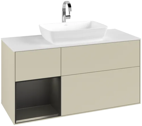 Obrázek VILLEROY BOCH Toaletní skříňka Finion, s osvětlením, 3 výsuvy, 1200 x 603 x 501 mm, hedvábně šedý matný lak / černý matný lak / bílé matné sklo #F821PDHJ