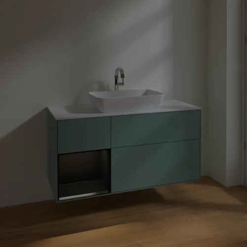 VILLEROY BOCH Finion Waschbeckenunterschrank, mit Beleuchtung, 3 Auszüge, 1200 x 603 x 501 mm, Olive Matt Lacquer / Black Matt Lacquer / Glass White Matt #F821PDGM, Bild 5