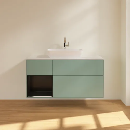 VILLEROY BOCH Finion Waschbeckenunterschrank, mit Beleuchtung, 3 Auszüge, 1200 x 603 x 501 mm, Olive Matt Lacquer / Black Matt Lacquer / Glass White Matt #F821PDGM, Bild 3