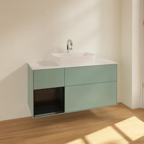VILLEROY BOCH Finion Waschbeckenunterschrank, mit Beleuchtung, 3 Auszüge, 1200 x 603 x 501 mm, Olive Matt Lacquer / Black Matt Lacquer / Glass White Matt #F821PDGM, Bild 2