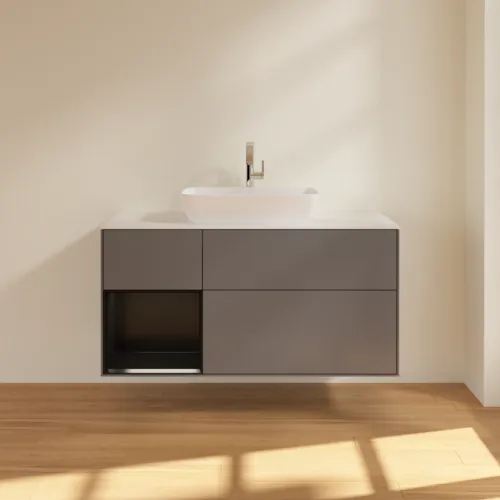 Obrázek VILLEROY BOCH Toaletní skříňka Finion, s osvětlením, 3 výsuvy, 1200 x 603 x 501 mm, antracitový matný lak / černý matný lak / bílé matné sklo #F821PDGK