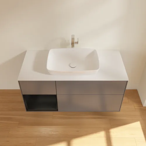 Obrázek VILLEROY BOCH Toaletní skříňka Finion, s osvětlením, 3 výsuvy, 1200 x 603 x 501 mm, antracitový matný lak / černý matný lak / bílé matné sklo #F821PDGK