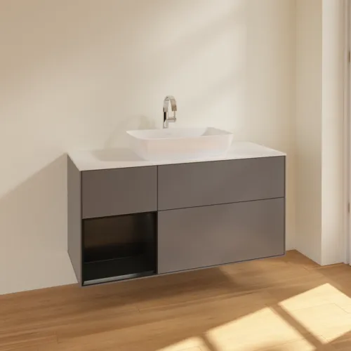 Obrázek VILLEROY BOCH Toaletní skříňka Finion, s osvětlením, 3 výsuvy, 1200 x 603 x 501 mm, antracitový matný lak / černý matný lak / bílé matné sklo #F821PDGK