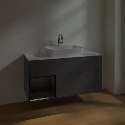 Obrázek VILLEROY BOCH Toaletní skříňka Finion, s osvětlením, 3 výsuvy, 1200 x 603 x 501 mm, antracitový matný lak / černý matný lak / bílé matné sklo #F821PDGK