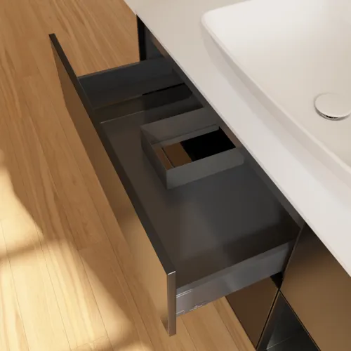 Obrázek VILLEROY BOCH Toaletní skříňka Finion, s osvětlením, 3 výsuvy, 1200 x 603 x 501 mm, černý matný lak / černý matný lak / sklo bílé matné #F831PDPD