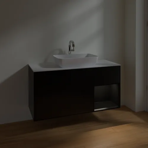 Obrázek VILLEROY BOCH Toaletní skříňka Finion, s osvětlením, 3 výsuvy, 1200 x 603 x 501 mm, černý matný lak / černý matný lak / sklo bílé matné #F831PDPD