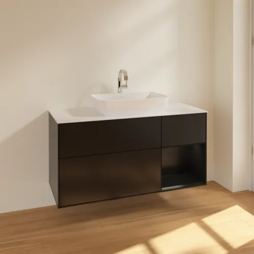 Obrázek VILLEROY BOCH Toaletní skříňka Finion, s osvětlením, 3 výsuvy, 1200 x 603 x 501 mm, černý matný lak / černý matný lak / sklo bílé matné #F831PDPD