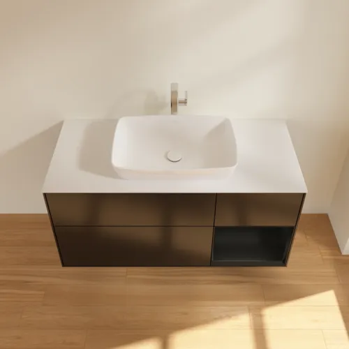 Obrázek VILLEROY BOCH Toaletní skříňka Finion, s osvětlením, 3 výsuvy, 1200 x 603 x 501 mm, černý matný lak / černý matný lak / sklo bílé matné #F831PDPD