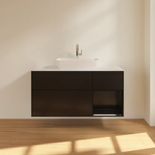 Obrázek VILLEROY BOCH Toaletní skříňka Finion, s osvětlením, 3 výsuvy, 1200 x 603 x 501 mm, černý matný lak / černý matný lak / sklo bílé matné #F831PDPD