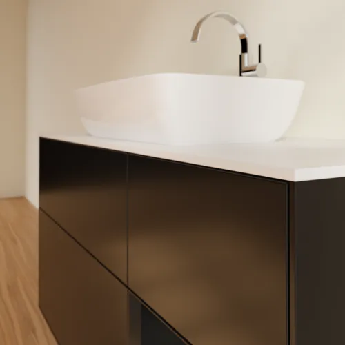 Obrázek VILLEROY BOCH Toaletní skříňka Finion, s osvětlením, 3 výsuvy, 1200 x 603 x 501 mm, černý matný lak / černý matný lak / sklo bílé matné #F831PDPD