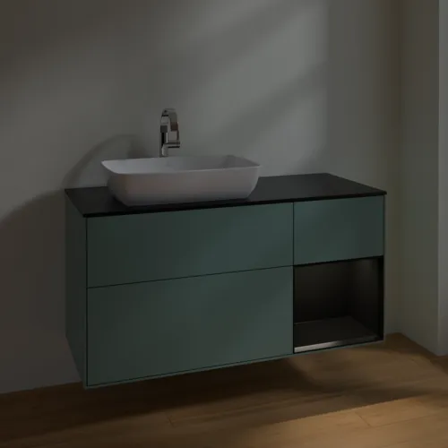 Bild von VILLEROY BOCH Finion Waschbeckenunterschrank, mit Beleuchtung, 3 Auszüge, 1200 x 603 x 501 mm, Olive Matt Lacquer / Black Matt Lacquer / Glass Black Matt #F812PDGM