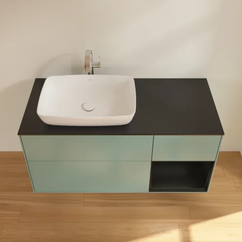 Bild von VILLEROY BOCH Finion Waschbeckenunterschrank, mit Beleuchtung, 3 Auszüge, 1200 x 603 x 501 mm, Olive Matt Lacquer / Black Matt Lacquer / Glass Black Matt #F812PDGM