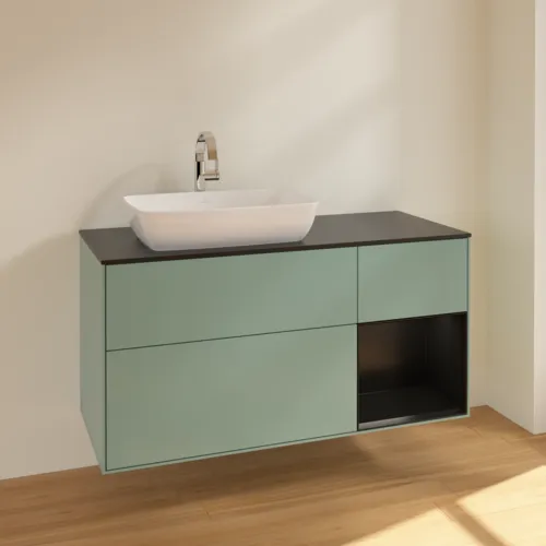 Bild von VILLEROY BOCH Finion Waschbeckenunterschrank, mit Beleuchtung, 3 Auszüge, 1200 x 603 x 501 mm, Olive Matt Lacquer / Black Matt Lacquer / Glass Black Matt #F812PDGM