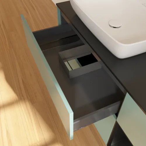 Bild von VILLEROY BOCH Finion Waschbeckenunterschrank, mit Beleuchtung, 3 Auszüge, 1200 x 603 x 501 mm, Olive Matt Lacquer / Black Matt Lacquer / Glass Black Matt #F812PDGM