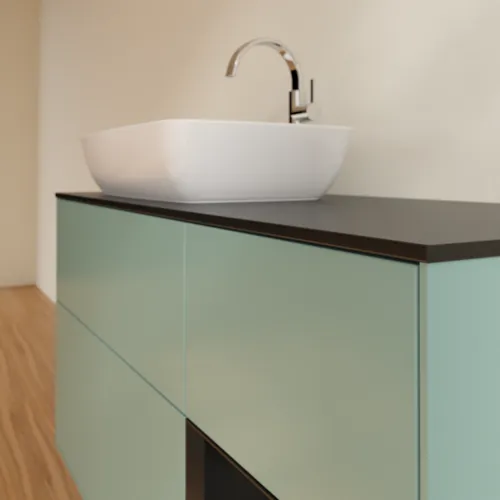 Bild von VILLEROY BOCH Finion Waschbeckenunterschrank, mit Beleuchtung, 3 Auszüge, 1200 x 603 x 501 mm, Olive Matt Lacquer / Black Matt Lacquer / Glass Black Matt #F812PDGM