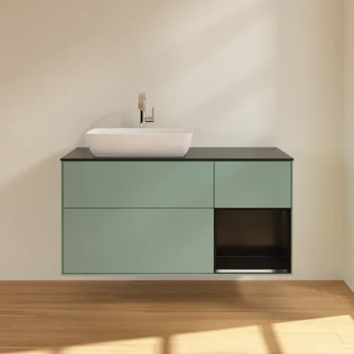 Bild von VILLEROY BOCH Finion Waschbeckenunterschrank, mit Beleuchtung, 3 Auszüge, 1200 x 603 x 501 mm, Olive Matt Lacquer / Black Matt Lacquer / Glass Black Matt #F812PDGM