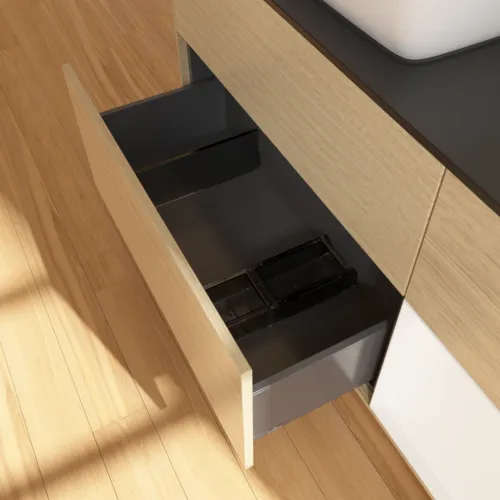Bild von VILLEROY BOCH Finion Waschbeckenunterschrank, mit Beleuchtung, 3 Auszüge, 1200 x 603 x 501 mm, Oak Veneer / White Matt Lacquer / Glass Black Matt #F812MTPC