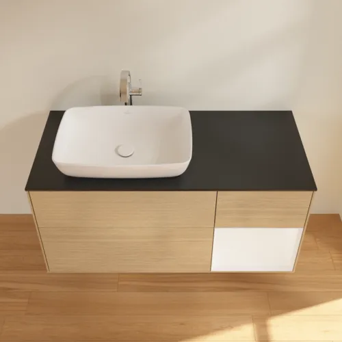 Bild von VILLEROY BOCH Finion Waschbeckenunterschrank, mit Beleuchtung, 3 Auszüge, 1200 x 603 x 501 mm, Oak Veneer / White Matt Lacquer / Glass Black Matt #F812MTPC