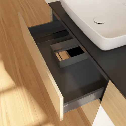 Bild von VILLEROY BOCH Finion Waschbeckenunterschrank, mit Beleuchtung, 3 Auszüge, 1200 x 603 x 501 mm, Oak Veneer / White Matt Lacquer / Glass Black Matt #F812MTPC