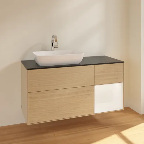Bild von VILLEROY BOCH Finion Waschbeckenunterschrank, mit Beleuchtung, 3 Auszüge, 1200 x 603 x 501 mm, Oak Veneer / White Matt Lacquer / Glass Black Matt #F812MTPC