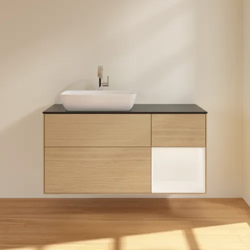 Bild von VILLEROY BOCH Finion Waschbeckenunterschrank, mit Beleuchtung, 3 Auszüge, 1200 x 603 x 501 mm, Oak Veneer / White Matt Lacquer / Glass Black Matt #F812MTPC