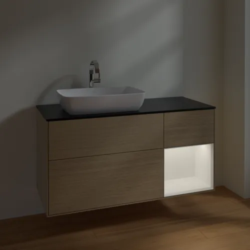 Bild von VILLEROY BOCH Finion Waschbeckenunterschrank, mit Beleuchtung, 3 Auszüge, 1200 x 603 x 501 mm, Oak Veneer / White Matt Lacquer / Glass Black Matt #F812MTPC