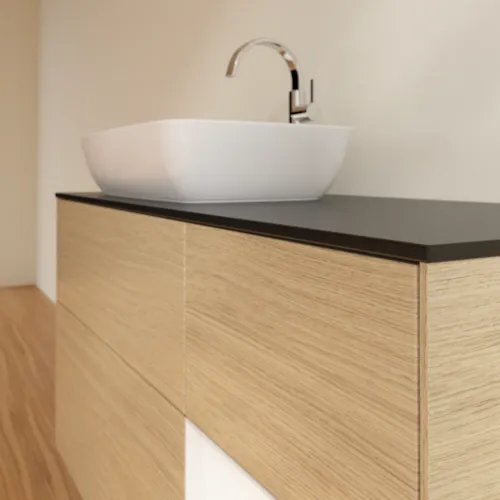 Bild von VILLEROY BOCH Finion Waschbeckenunterschrank, mit Beleuchtung, 3 Auszüge, 1200 x 603 x 501 mm, Oak Veneer / White Matt Lacquer / Glass Black Matt #F812MTPC
