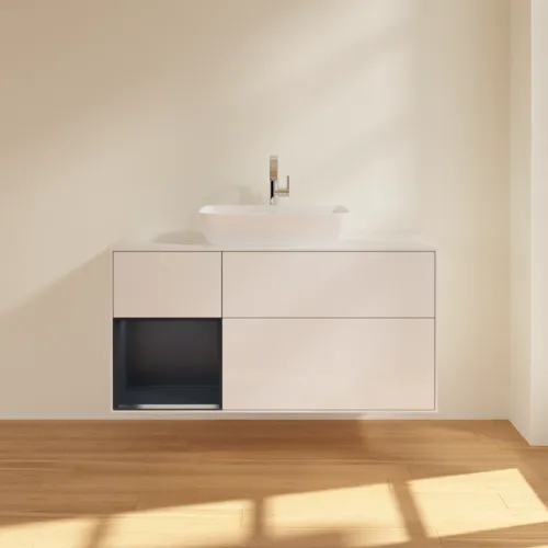 Bild von VILLEROY BOCH Finion Waschbeckenunterschrank, mit Beleuchtung, 3 Auszüge, 1200 x 603 x 501 mm, Glossy White Lacquer / Midnight Blue Matt Lacquer / Glass White Matt #F821HGGF