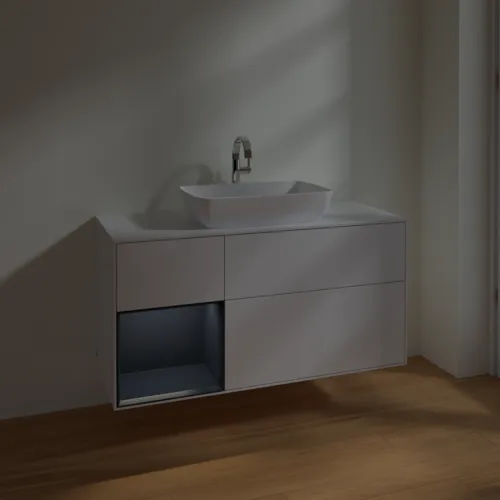 Bild von VILLEROY BOCH Finion Waschbeckenunterschrank, mit Beleuchtung, 3 Auszüge, 1200 x 603 x 501 mm, Glossy White Lacquer / Midnight Blue Matt Lacquer / Glass White Matt #F821HGGF