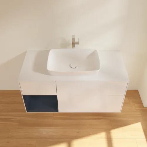 Bild von VILLEROY BOCH Finion Waschbeckenunterschrank, mit Beleuchtung, 3 Auszüge, 1200 x 603 x 501 mm, Glossy White Lacquer / Midnight Blue Matt Lacquer / Glass White Matt #F821HGGF