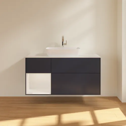 Bild von VILLEROY BOCH Finion Waschbeckenunterschrank, mit Beleuchtung, 3 Auszüge, 1200 x 603 x 501 mm, Midnight Blue Matt Lacquer / Glossy White Lacquer / Glass White Matt #F821GFHG