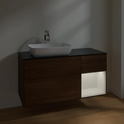 VILLEROY BOCH Finion Waschbeckenunterschrank, mit Beleuchtung, 3 Auszüge, 1200 x 603 x 501 mm, Walnut Veneer / Glossy White Lacquer / Glass Black Matt #F812GFGN, Bild 5