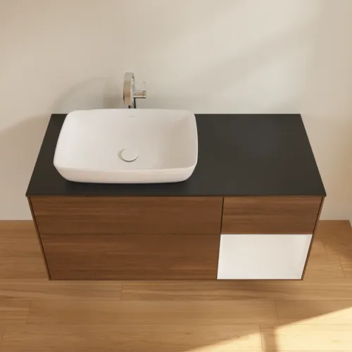 VILLEROY BOCH Finion Waschbeckenunterschrank, mit Beleuchtung, 3 Auszüge, 1200 x 603 x 501 mm, Walnut Veneer / Glossy White Lacquer / Glass Black Matt #F812GFGN, Bild 4