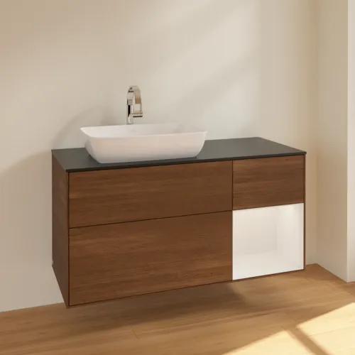 VILLEROY BOCH Finion Waschbeckenunterschrank, mit Beleuchtung, 3 Auszüge, 1200 x 603 x 501 mm, Walnut Veneer / Glossy White Lacquer / Glass Black Matt #F812GFGN, Bild 2
