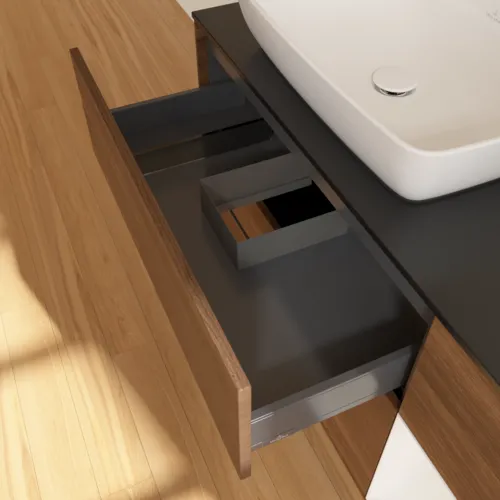 VILLEROY BOCH Finion Waschbeckenunterschrank, mit Beleuchtung, 3 Auszüge, 1200 x 603 x 501 mm, Walnut Veneer / Glossy White Lacquer / Glass Black Matt #F812GFGN, Bild 8