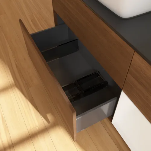 VILLEROY BOCH Finion Waschbeckenunterschrank, mit Beleuchtung, 3 Auszüge, 1200 x 603 x 501 mm, Walnut Veneer / Glossy White Lacquer / Glass Black Matt #F812GFGN, Bild 7