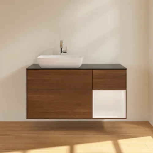 VILLEROY BOCH Finion Waschbeckenunterschrank, mit Beleuchtung, 3 Auszüge, 1200 x 603 x 501 mm, Walnut Veneer / Glossy White Lacquer / Glass Black Matt #F812GFGN, Bild 3