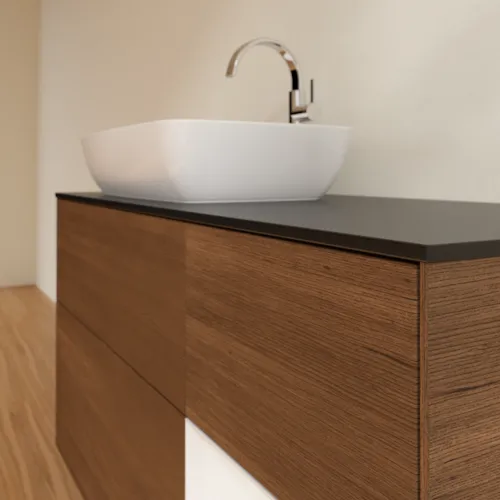 VILLEROY BOCH Finion Waschbeckenunterschrank, mit Beleuchtung, 3 Auszüge, 1200 x 603 x 501 mm, Walnut Veneer / Glossy White Lacquer / Glass Black Matt #F812GFGN, Bild 6