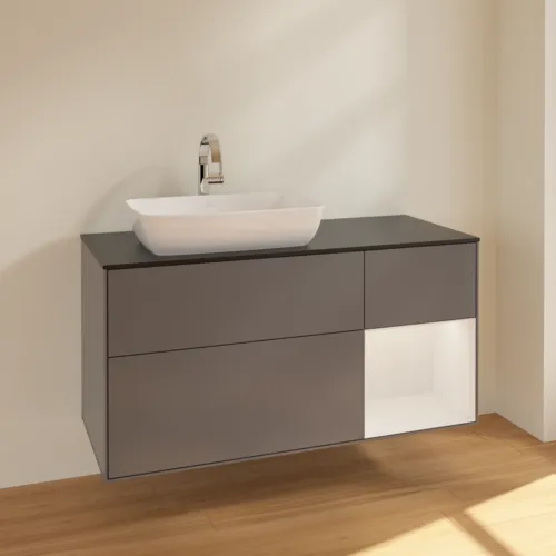 VILLEROY BOCH Finion Waschbeckenunterschrank, mit Beleuchtung, 3 Auszüge, 1200 x 603 x 501 mm, Anthracite Matt Lacquer / Glossy White Lacquer / Glass Black Matt #F812GFGK, Bild 2