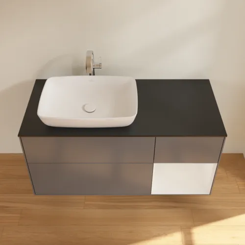 VILLEROY BOCH Finion Waschbeckenunterschrank, mit Beleuchtung, 3 Auszüge, 1200 x 603 x 501 mm, Anthracite Matt Lacquer / Glossy White Lacquer / Glass Black Matt #F812GFGK, Bild 4