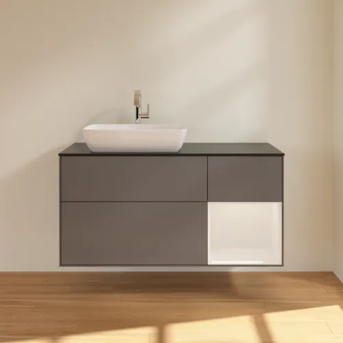VILLEROY BOCH Finion Waschbeckenunterschrank, mit Beleuchtung, 3 Auszüge, 1200 x 603 x 501 mm, Anthracite Matt Lacquer / Glossy White Lacquer / Glass Black Matt #F812GFGK, Bild 3