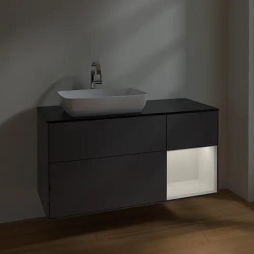 VILLEROY BOCH Finion Waschbeckenunterschrank, mit Beleuchtung, 3 Auszüge, 1200 x 603 x 501 mm, Anthracite Matt Lacquer / Glossy White Lacquer / Glass Black Matt #F812GFGK, Bild 5