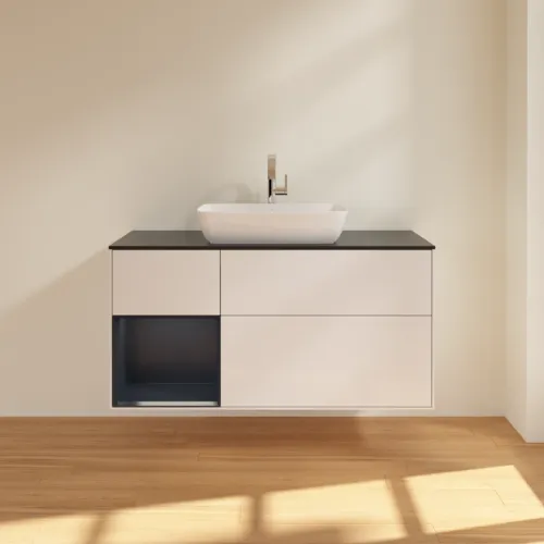 Bild von VILLEROY BOCH Finion Waschbeckenunterschrank, mit Beleuchtung, 3 Auszüge, 1200 x 603 x 501 mm, Glossy White Lacquer / Midnight Blue Matt Lacquer / Glass Black Matt #F822HGGF