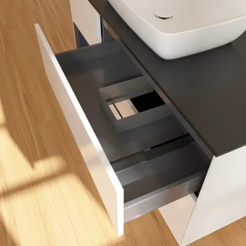 Bild von VILLEROY BOCH Finion Waschbeckenunterschrank, mit Beleuchtung, 3 Auszüge, 1200 x 603 x 501 mm, Glossy White Lacquer / Midnight Blue Matt Lacquer / Glass Black Matt #F822HGGF