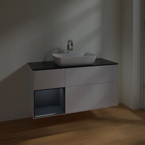 Bild von VILLEROY BOCH Finion Waschbeckenunterschrank, mit Beleuchtung, 3 Auszüge, 1200 x 603 x 501 mm, Glossy White Lacquer / Midnight Blue Matt Lacquer / Glass Black Matt #F822HGGF